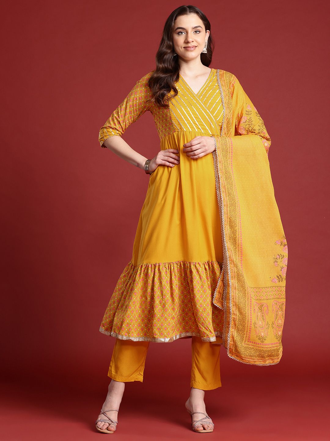 Anouk Women Floral Printed Angrakha Gotta Patti Kurta with Trousers & Dupatta