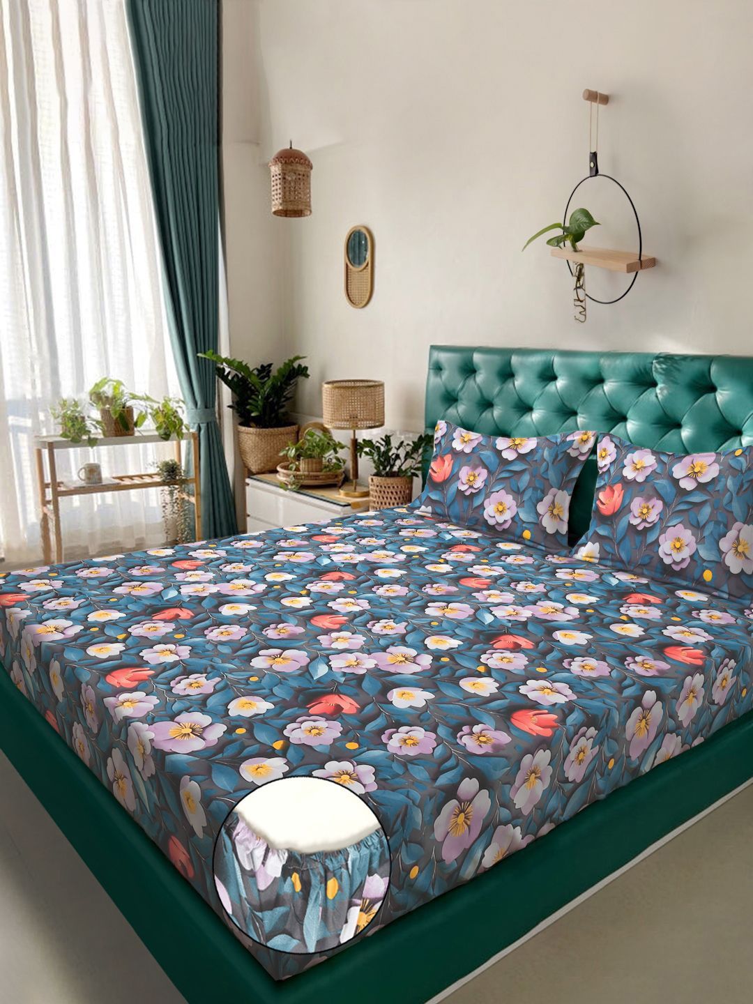 Myntra Elegant Grey Floral Printed Fitted 300 TC King 7D Bedsheet & 2 Pillow Covers