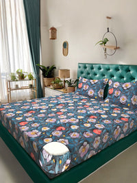 Myntra Elegant Grey Floral Printed Fitted 300 TC King 7D Bedsheet & 2 Pillow Covers