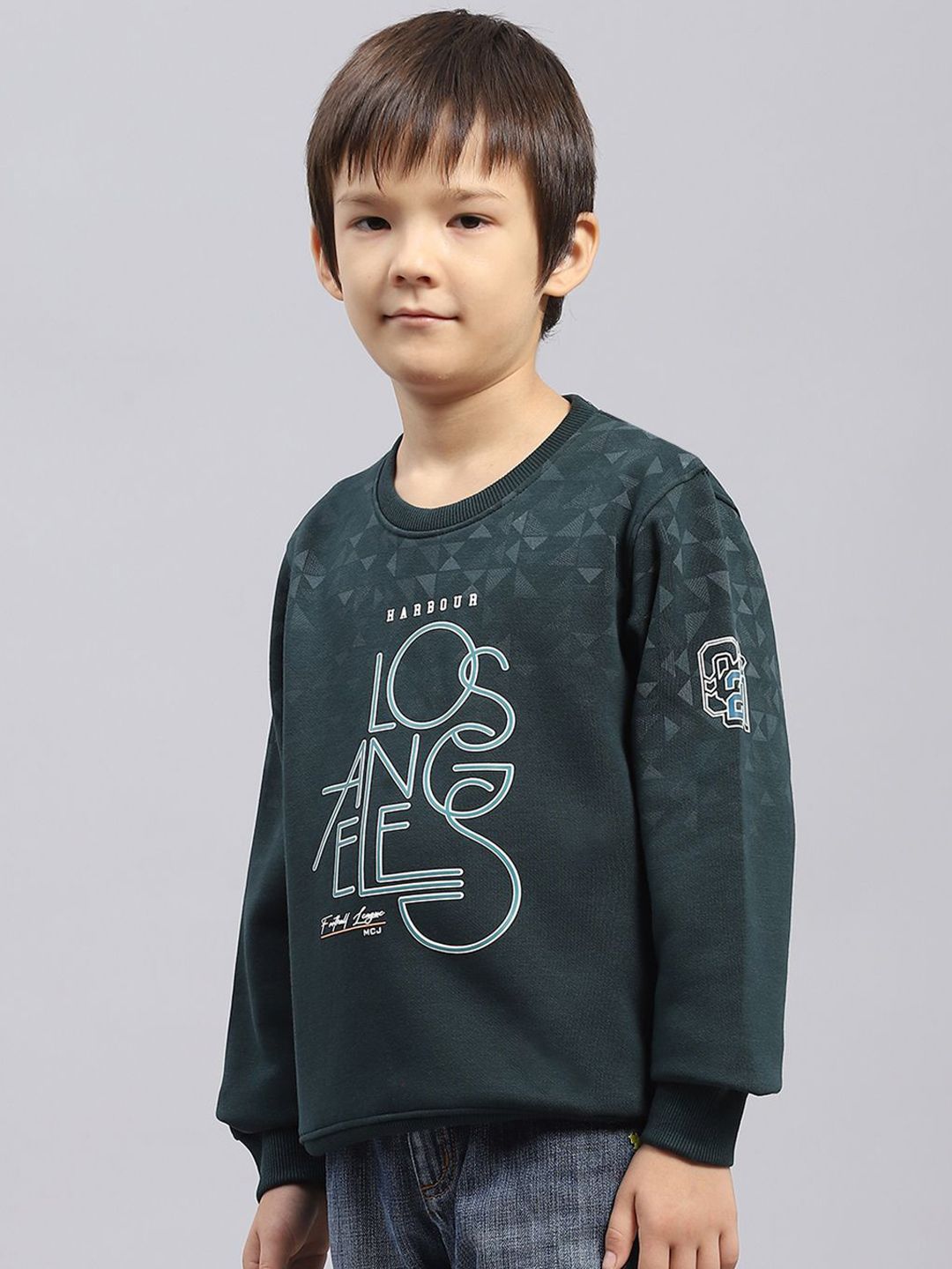 Monte Carlo  Boys Cotton Green Printed Round Neck Full Sleeves Pullover Sweatshirt