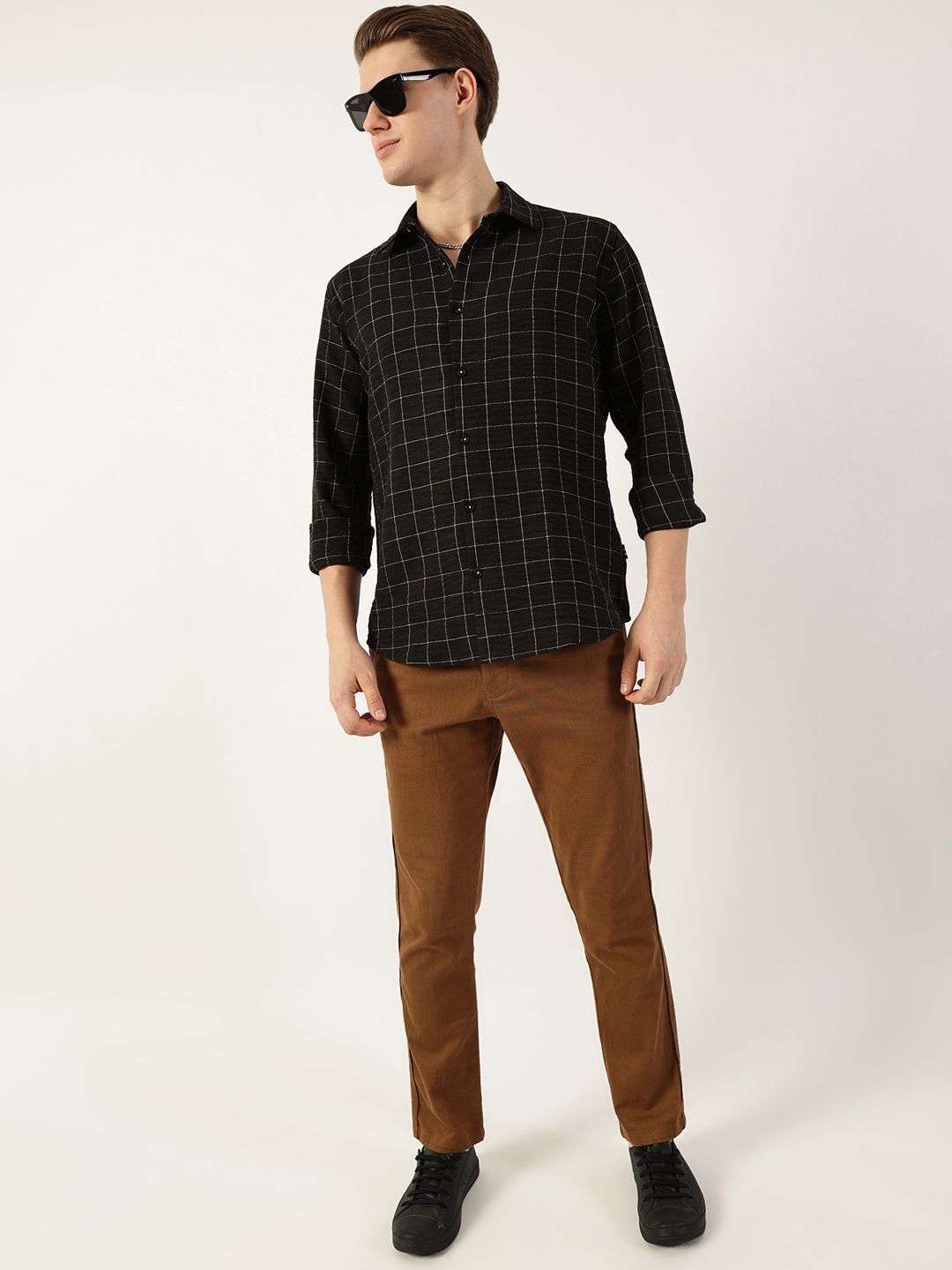 Thomas Scott Men Smart Spread Collar Windowpane Checked Slim Fit Casual Shirt