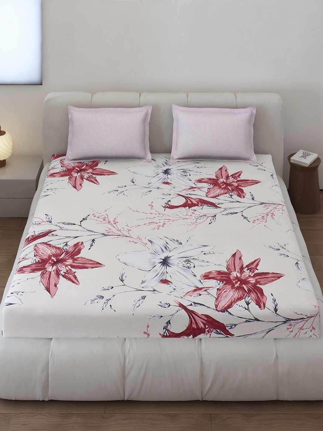 Monte Carlo Stanley Pink & White Floral Printed 144 TC King Bedsheet Set 1.85 m x 1.95 m