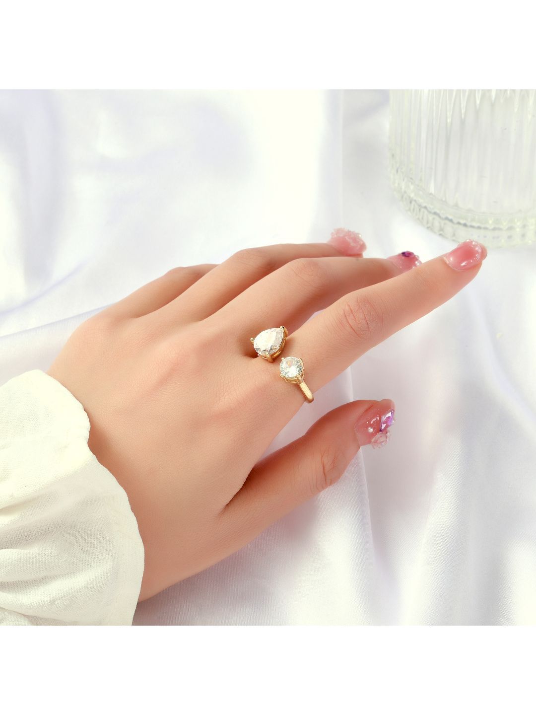 Cincin Open Pear Pear Salty American Toi-Et-Moi Ring untuk Wanita & Gadis Cincin Jari