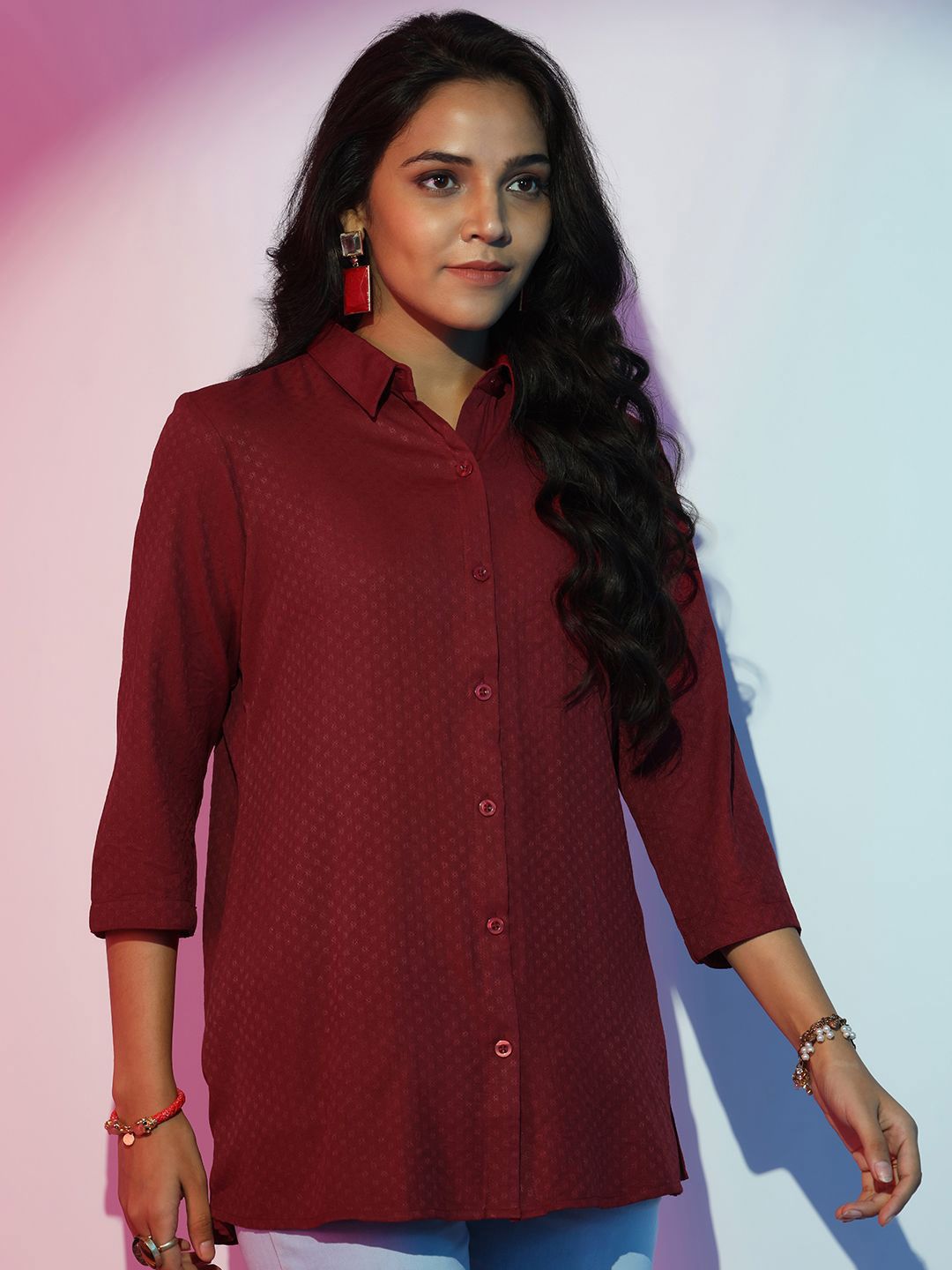 Libas Women Self Design Shirt Collar Front Open Tunic
