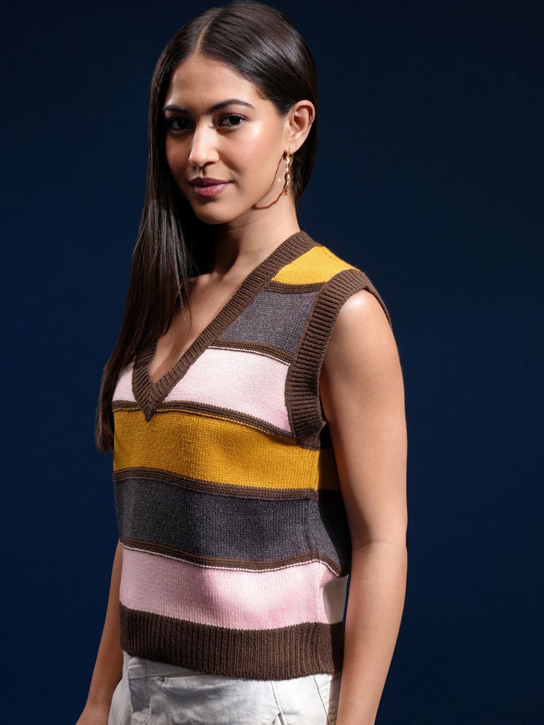 Tokyo Talkies Women Striped V-Neck Sweater Vest