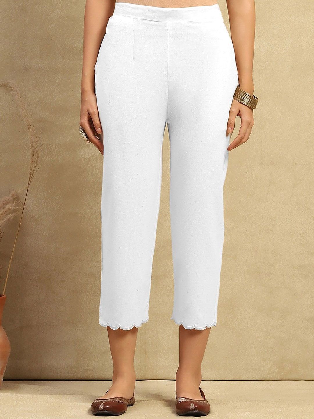House of Chikankari Women White Cotton Solid Pant