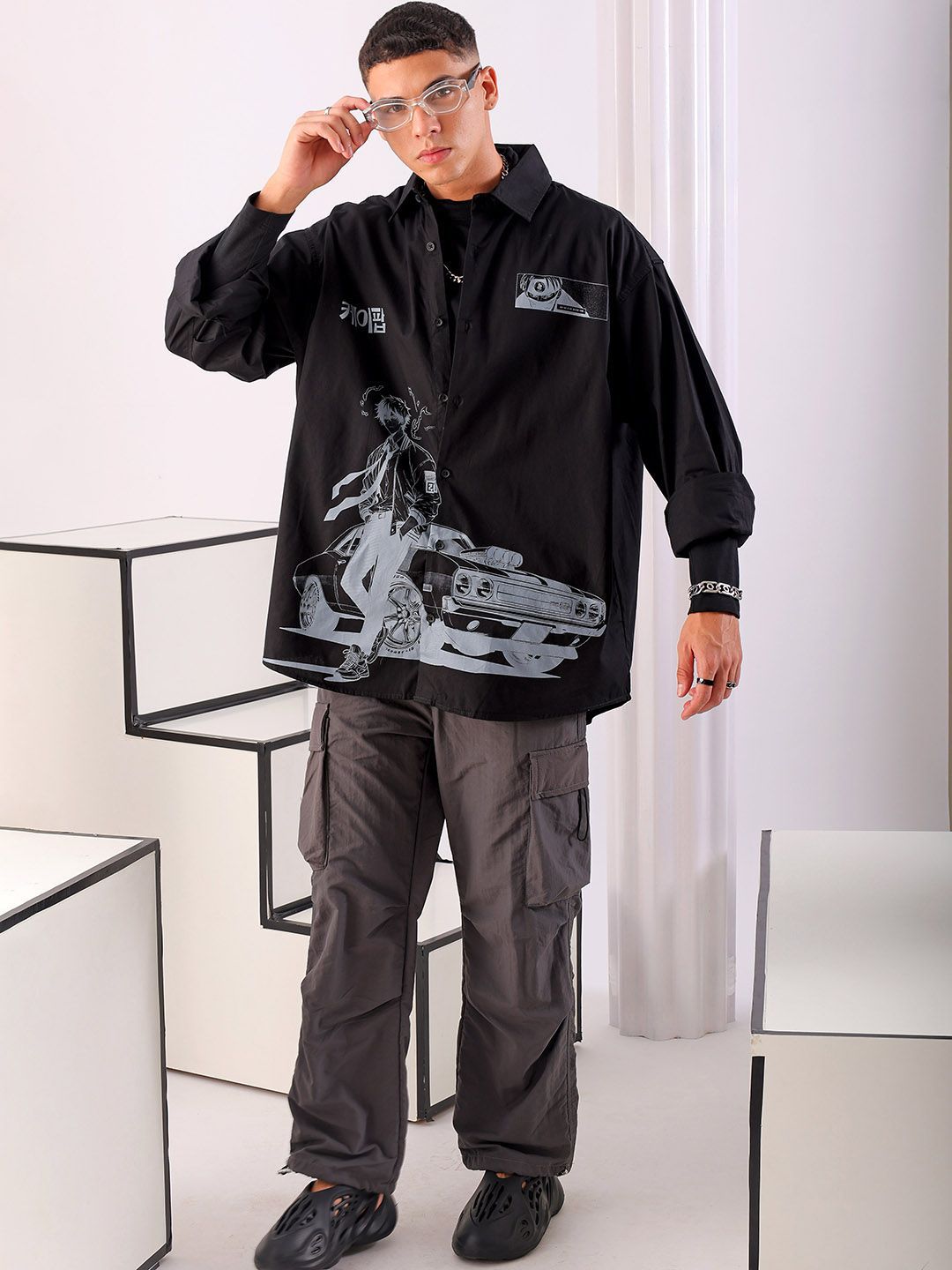 The Indian Garage Co Men Anime Printed Cotton Oversized Boxy Streetwear Shirt