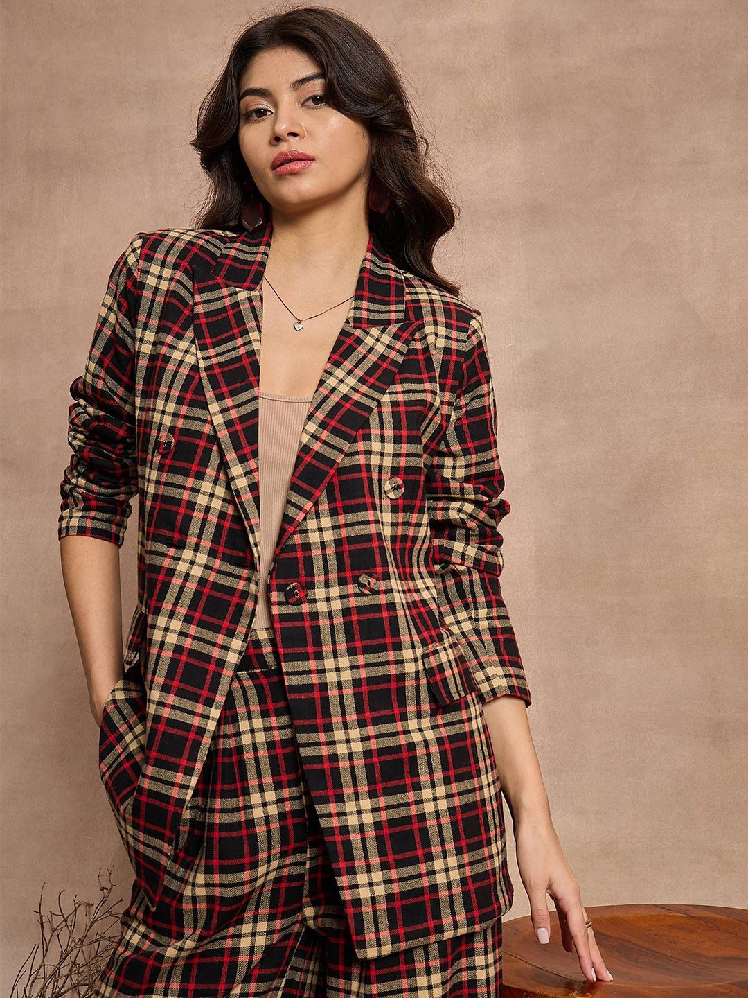 SASSAFRAS Checked Pure Cotton Comfort-Fit Double-Breasted Blazer