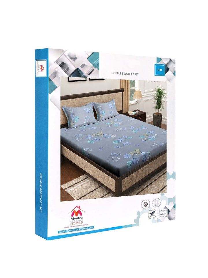 Myntra Elegant Homes Grey & Blue Floral Printed Flat 400 TC Cotton King Bedsheet with 2 Pillow Covers