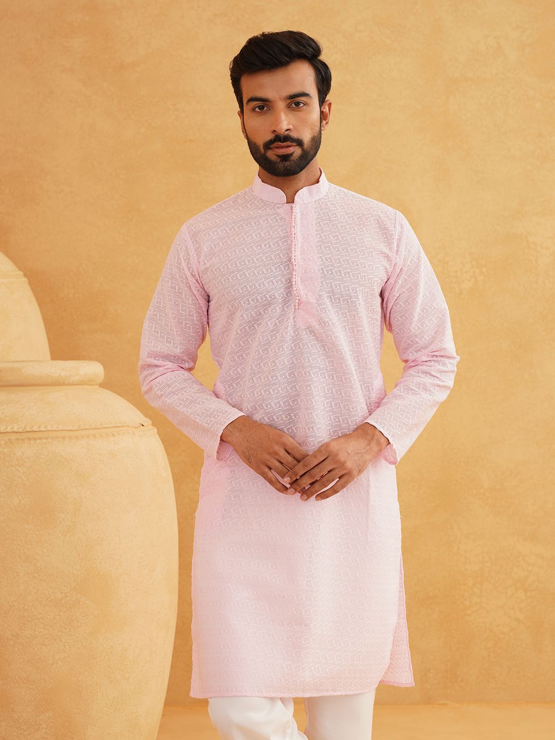 SOJANYA Kolar Mandarin Sulam Geometrik Pure Cotton Kurta Lurus