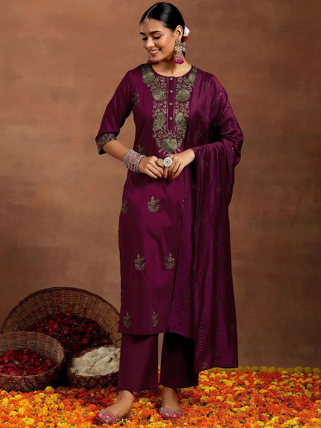 Gerua By Libas Floral Embroidered Thread Work Straight Kurta With Trousers & Dupatta