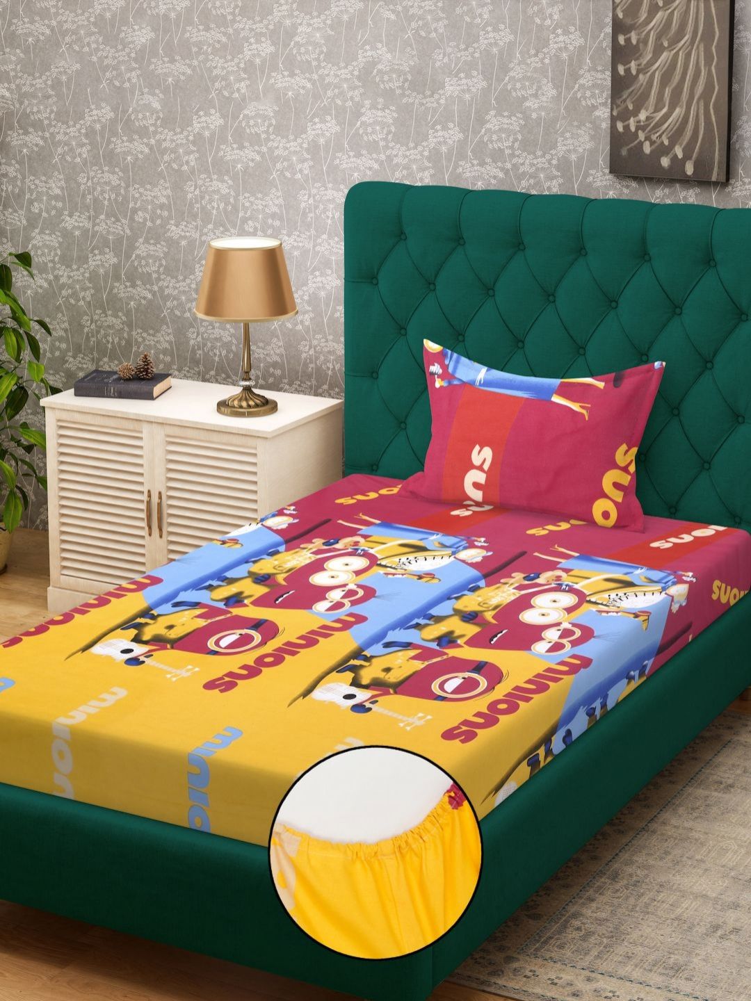 KLOTTHE Kids Yellow Printed 400TC Cotton Fitted Set Cadar Bujang 2.5 m x 1.5 m