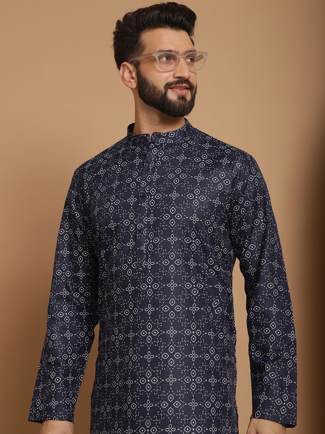 Anouk Men Navy Blue Geometric Thread Work Kurta