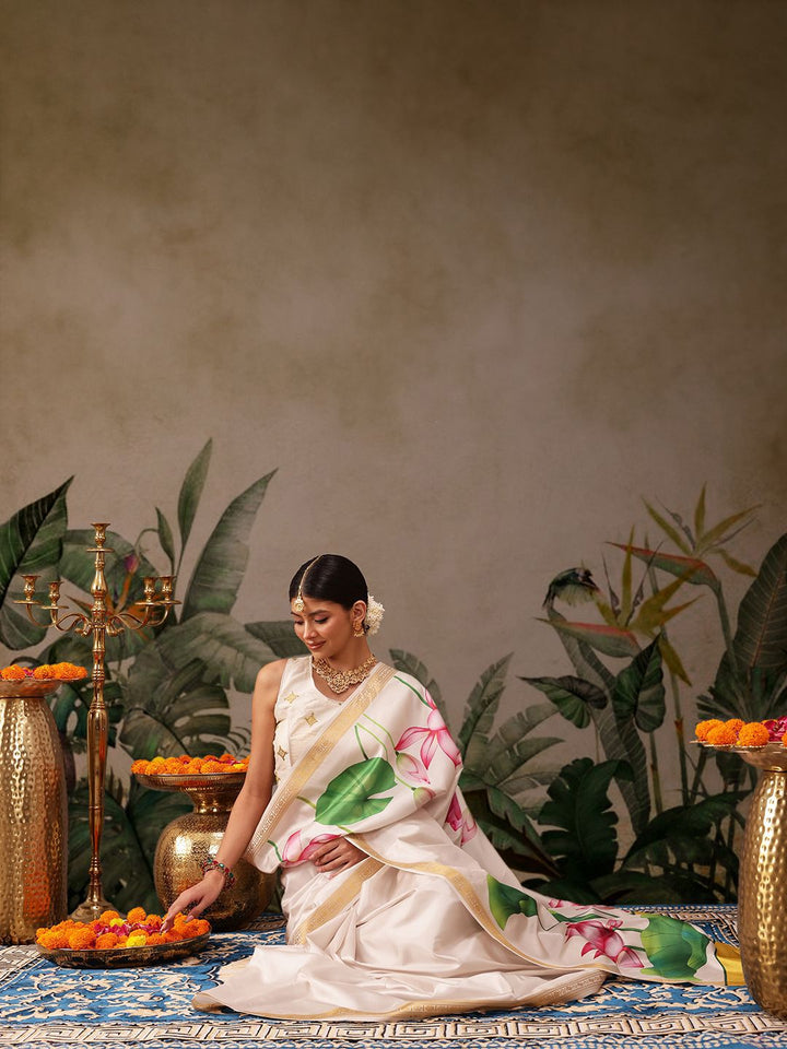 Silk Land Onam Special Floral Printed Kasavu Silk Saree