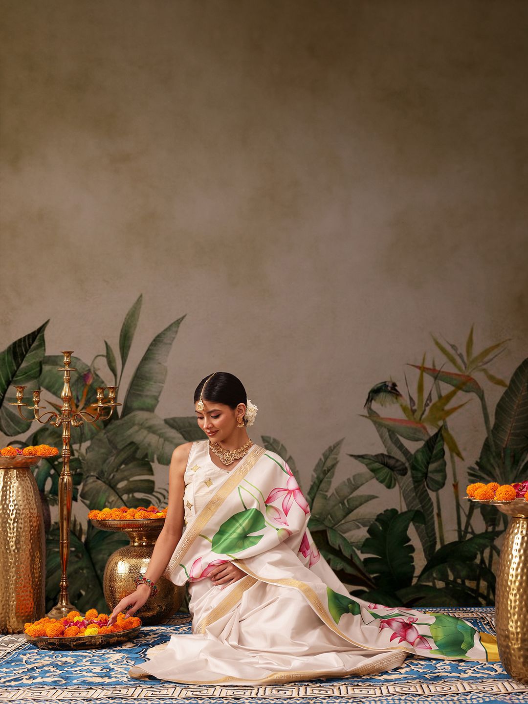 Silk Land Onam Special Floral Printed Kasavu Silk Saree