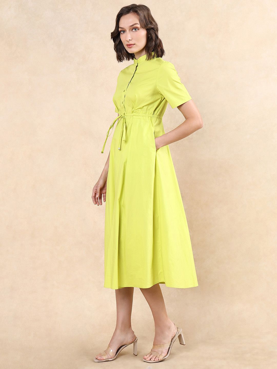 RAREISM Women Cotton Mock Neck Fit & Flare Midi Dress