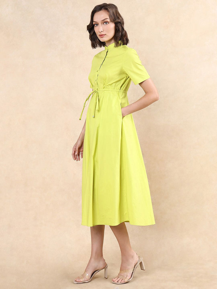 RAREISM Women Cotton Mock Neck Fit & Flare Midi Dress