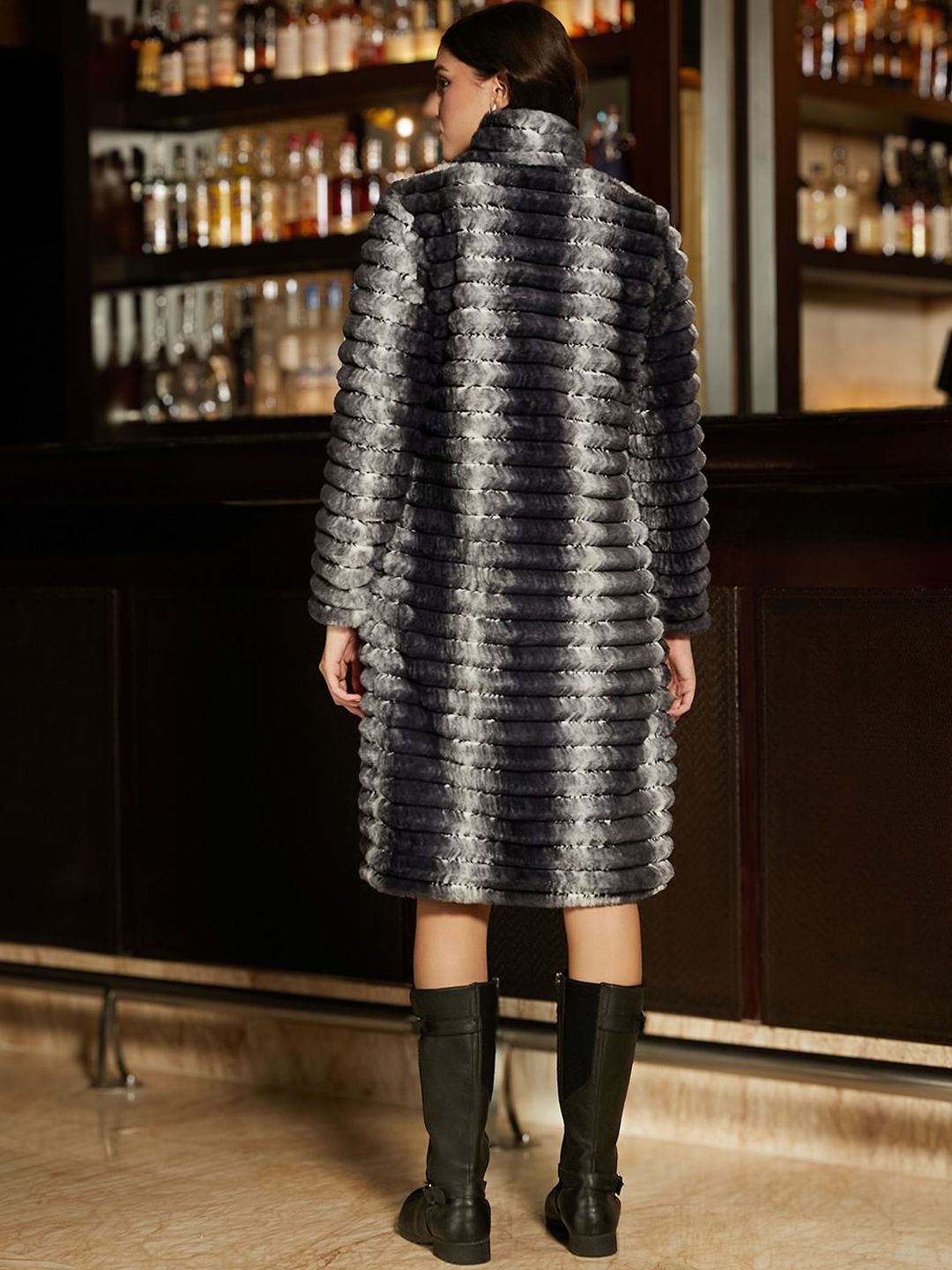 Campus Sutra Women Self Design Mock Collar Ombre Ripple Longline Overcoat
