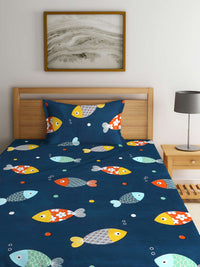 KLOTTHE Blue Graphic Polycotton 300 TC Fitted Single Fine Bedsheet with a Pillow Cover-220 x 150 cm