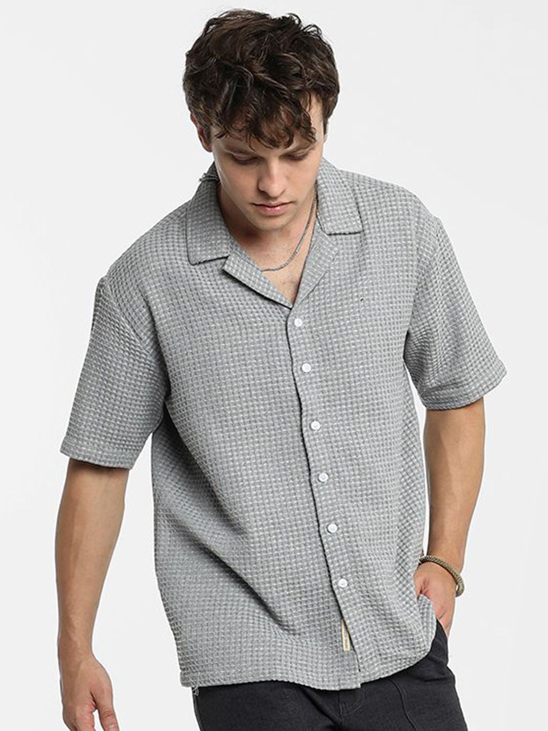 Campus Sutra Men Comfort Cuban Collar Popcorn Texture  Oversized Casual Shirt