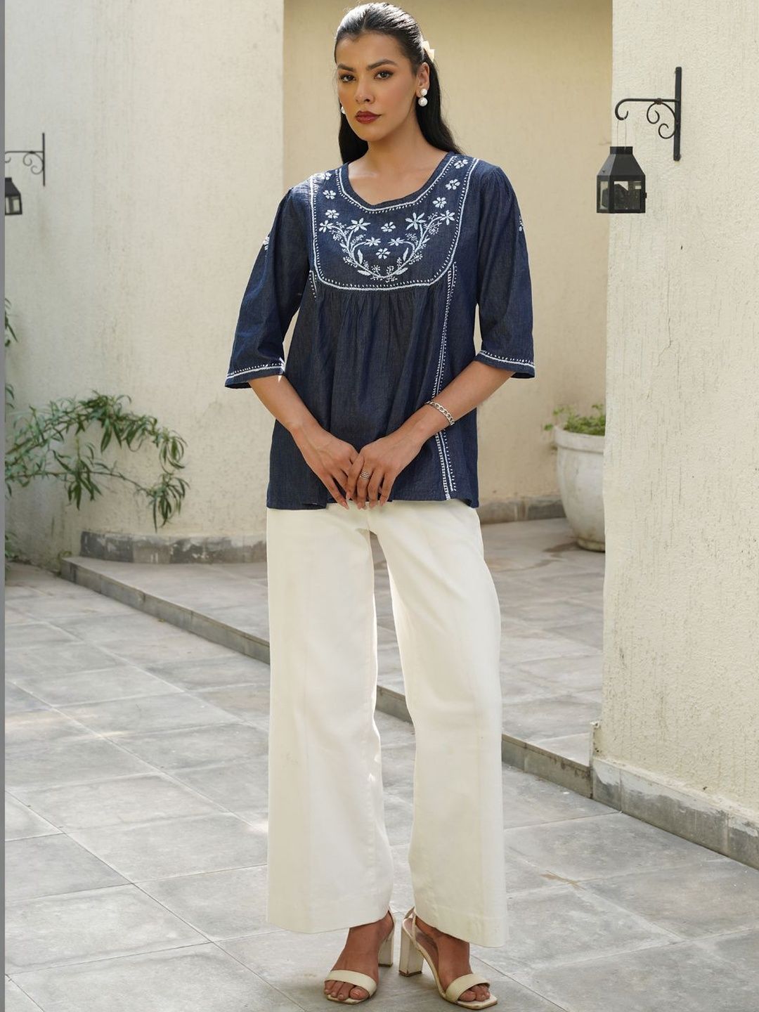 House of Chikankari Chikankari Solid Women's Ladder Lace Work- Dark Blue Tops