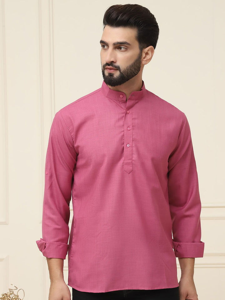 SOJANYA Band Collar Neck Long Roll-Up Sleeves Pure Cotton Straight Kurta