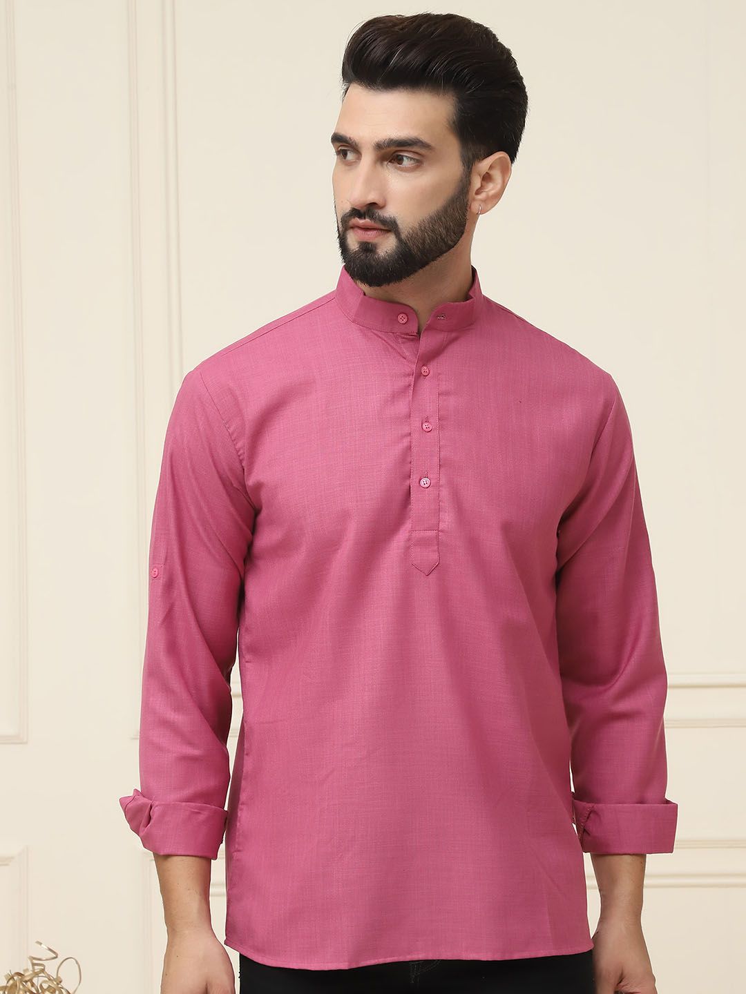 SOJANYA Band Collar Neck Long Roll-Up Sleeves Pure Cotton Straight Kurta