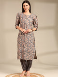 Anouk Grey Floral Printed Gotta Patti Straight Kurta With Trouser