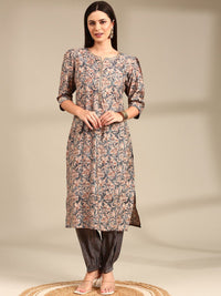 Anouk Grey Floral Printed Gotta Patti Straight Kurta With Trouser