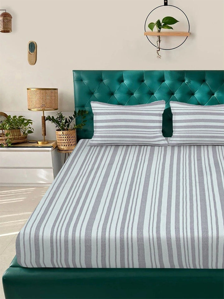 Myntra Elegant Homes Grey & White Striped 300 TC King Bedsheet with 2 Pillow Covers