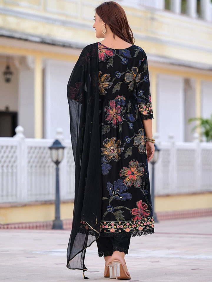 KALINI Floral Printed V-Neck Thread Work Anarkali Kurta With Trousers & Dupatta
