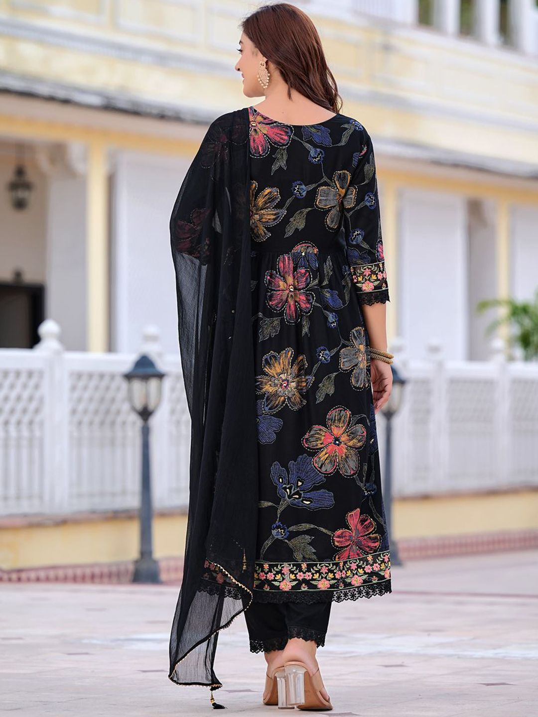 KALINI Floral Printed V-Neck Thread Work Anarkali Kurta With Trousers & Dupatta