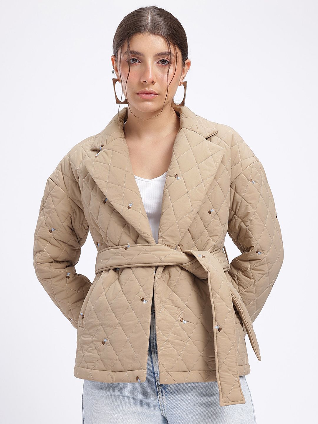 DressBerry Urban Luxe Notched Lapel Tie-Up Waist Quilted Jacket