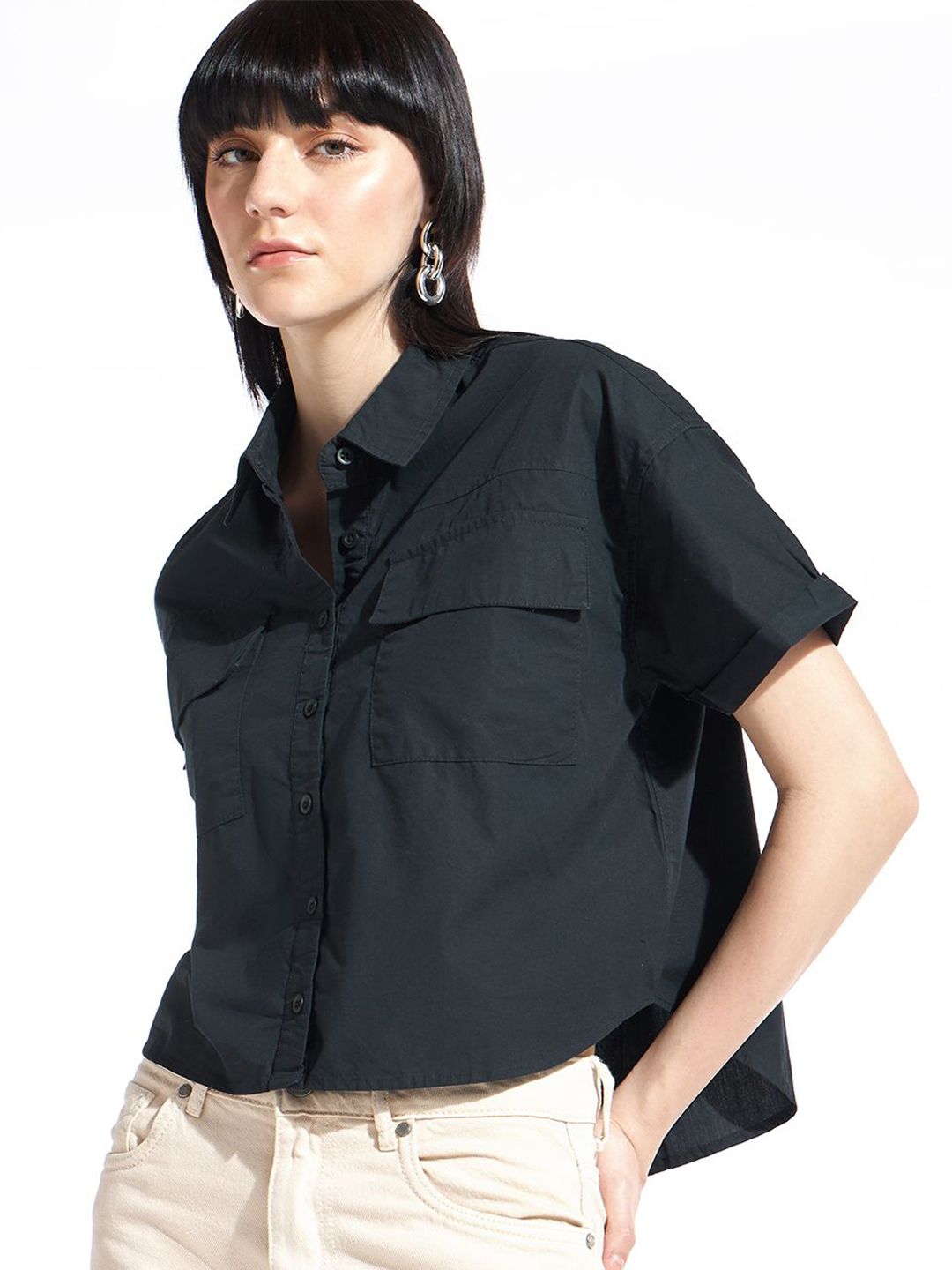 Bewakoof Women Standard Spread Collar Solid Pure Cotton Oversized Casual Shirt