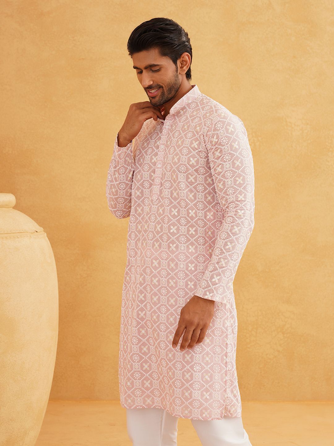 SOJANYA Chikankari Embroidered Band Collar Pure Cotton Straight Long Kurta