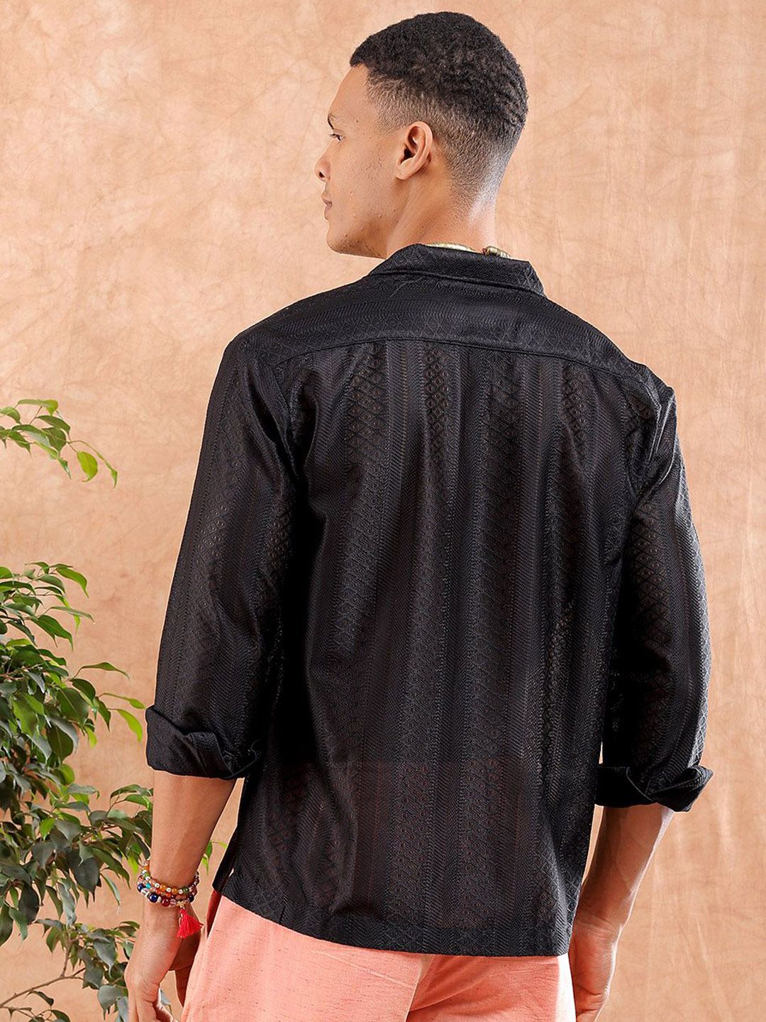 The Indian Garage Co Men Relaxed Fit Solid Warp Knit Lace Resortwear Shirt