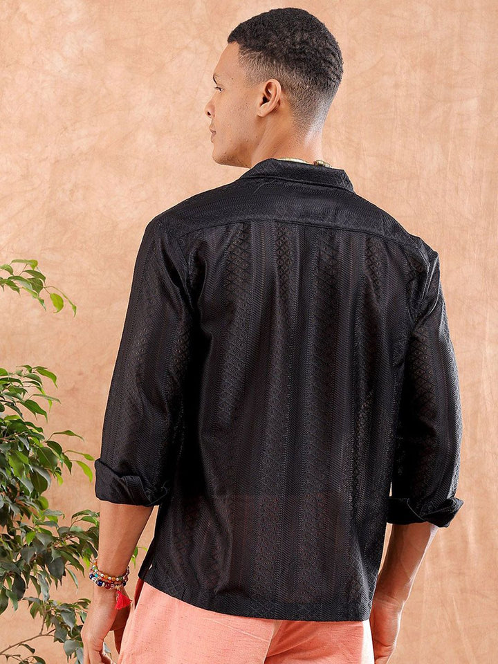 The Indian Garage Co Men Relaxed Fit Solid Warp Knit Lace Resortwear Shirt