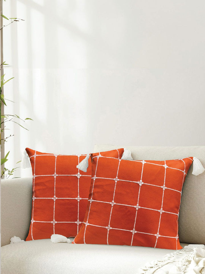 URBAN SPACE Orange & White 2 Pieces Embroidered Square Cushion Covers