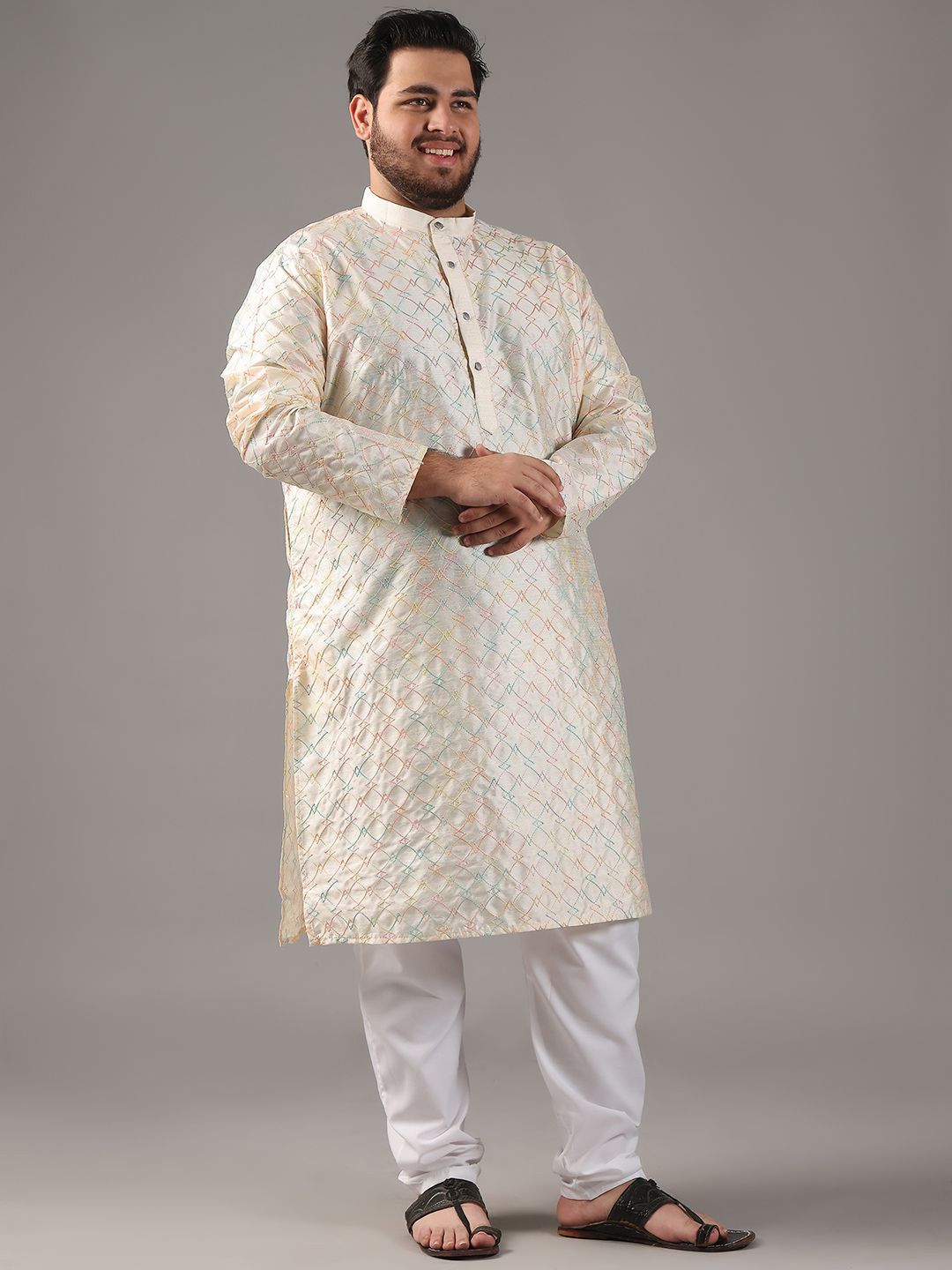 SOJANYA PLUS Plus Size Lelaki Motif Etnci Sulam Kurta Lurus Dengan Piyama