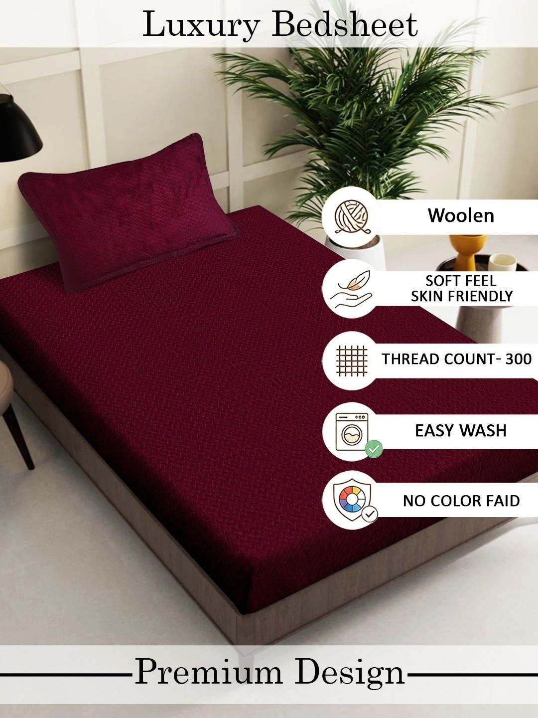 Myntra Elegant Homes Maroon Woolen 300 TC Single Bedsheet with 1 Pillow Covers- 225X150 cm