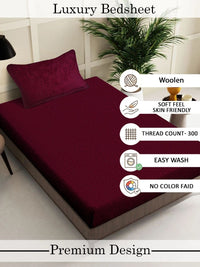 Myntra Elegant Homes Maroon Woolen 300 TC Single Bedsheet with 1 Pillow Covers- 225X150 cm