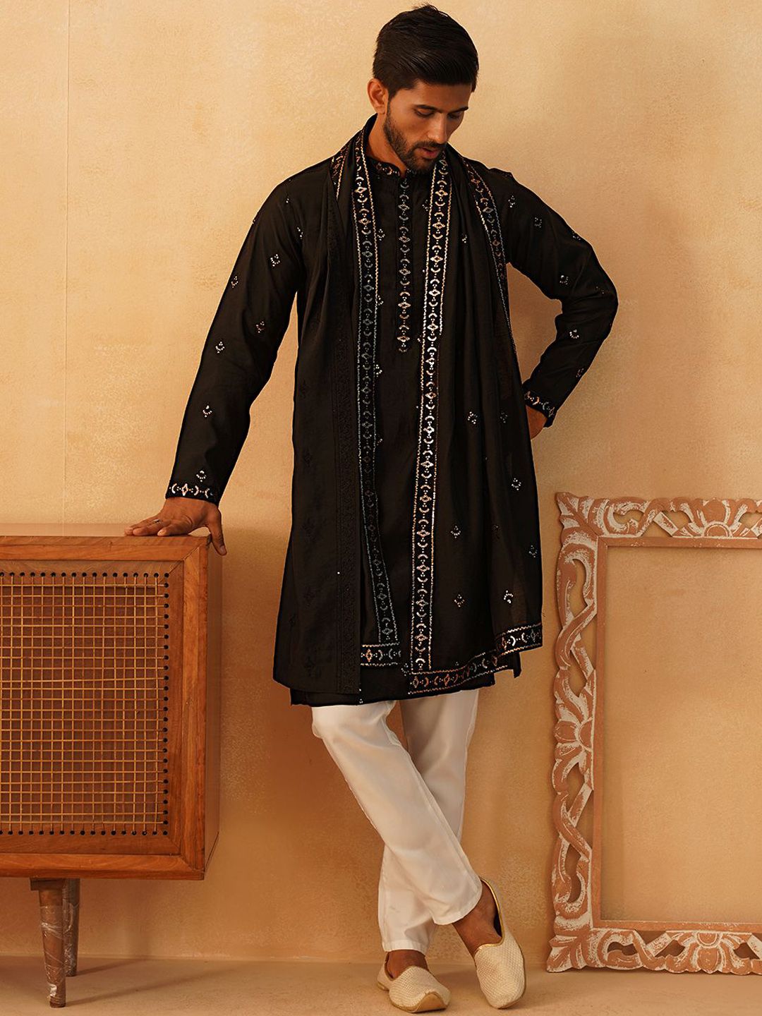 Jompers Floral Embroidered Sequinned Straight Kurta With Trousers & Dupatta
