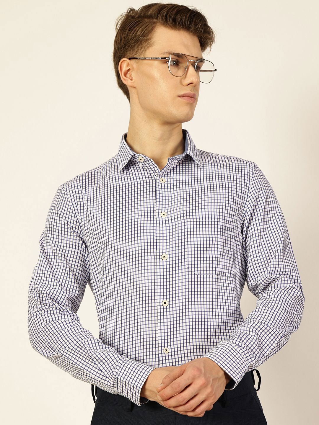 Thomas Scott Men Smart Spread Collar Gingham Checked Cotton Formal Shirt