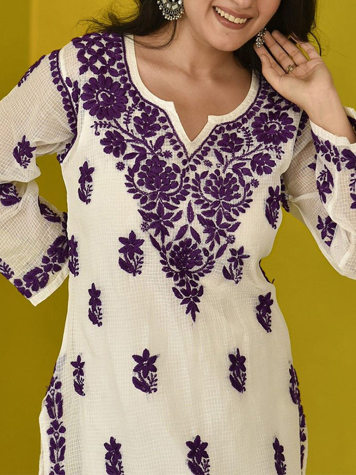 Rumah Wanita Chikankari Purple Kota Chikankari Sulam Kurta