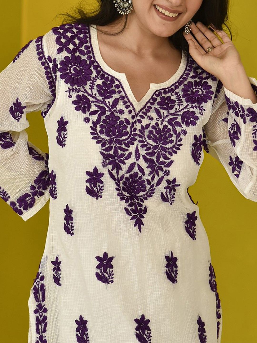 Rumah Wanita Chikankari Purple Kota Chikankari Sulam Kurta