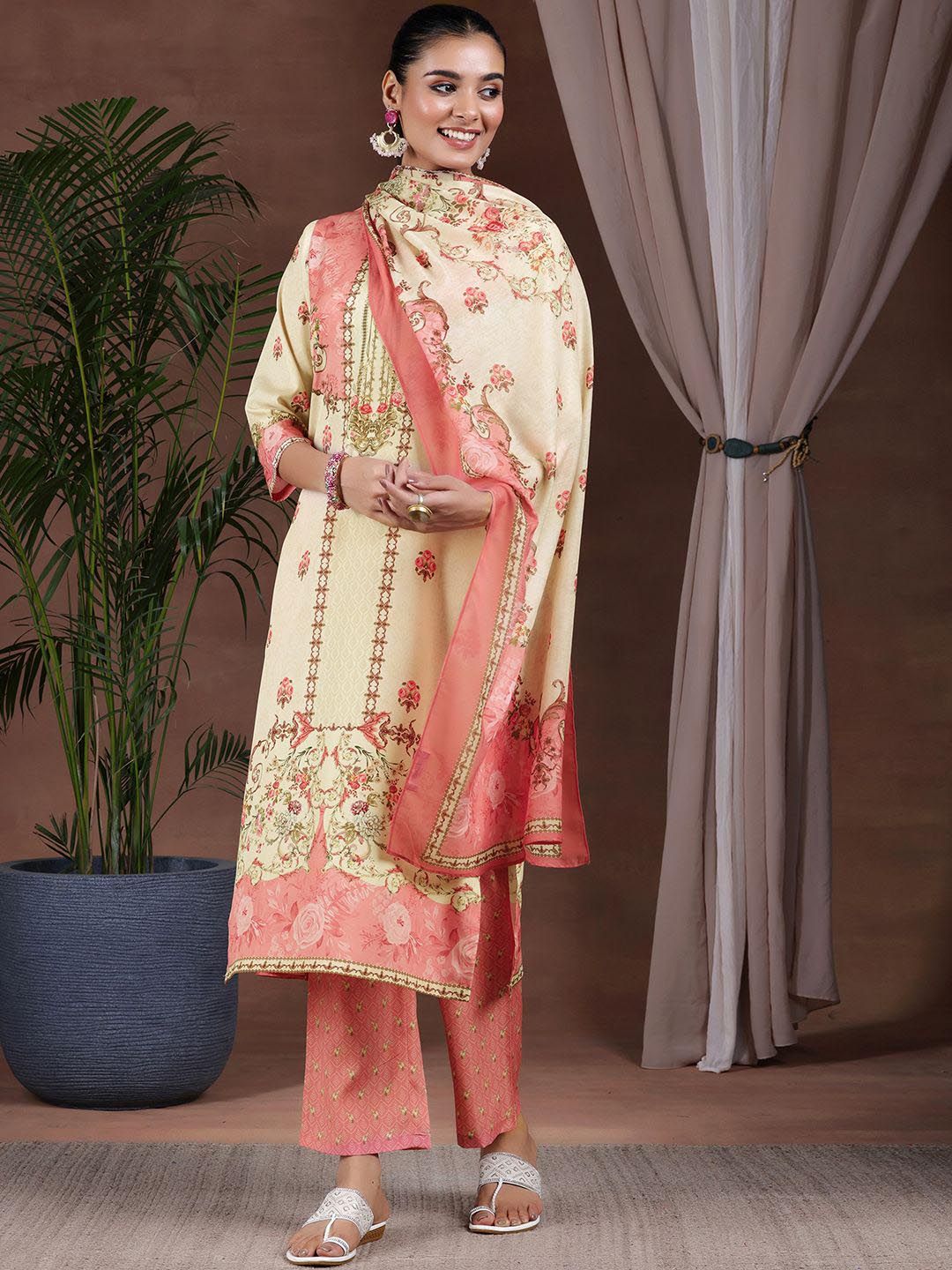 Libas Floral Printed Keyhole Neck Straight Kurta with Trousers & Dupatta