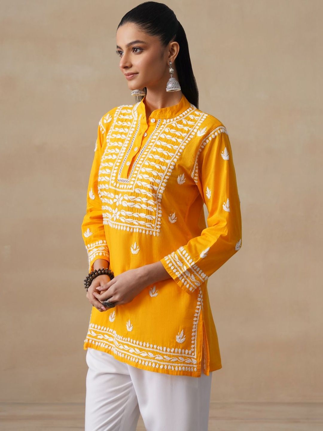 House of Chikankari Women Solid Mustard Embroidered Kurti