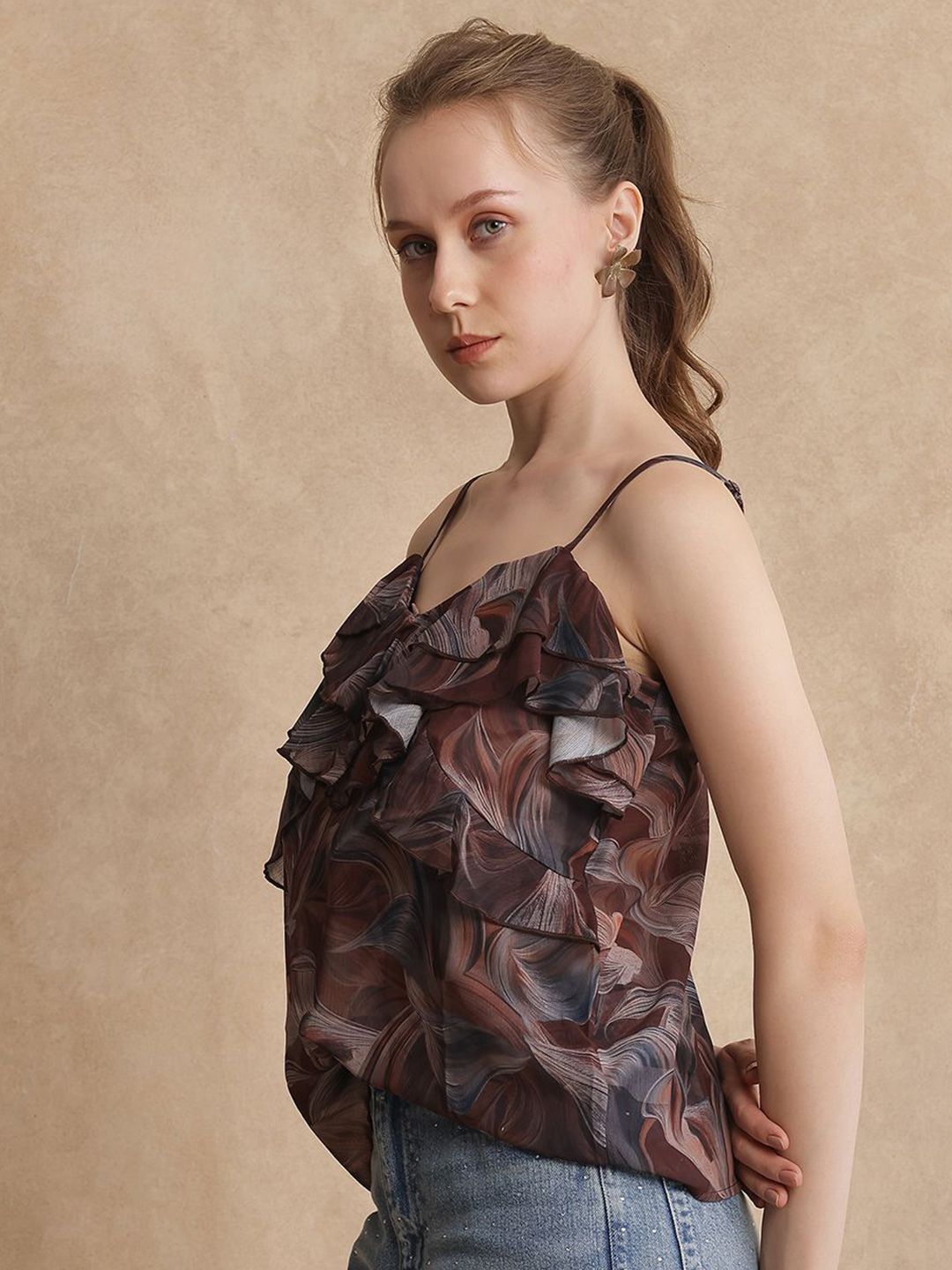 RAREISM Women Abstract Printed Ruffle Details Top