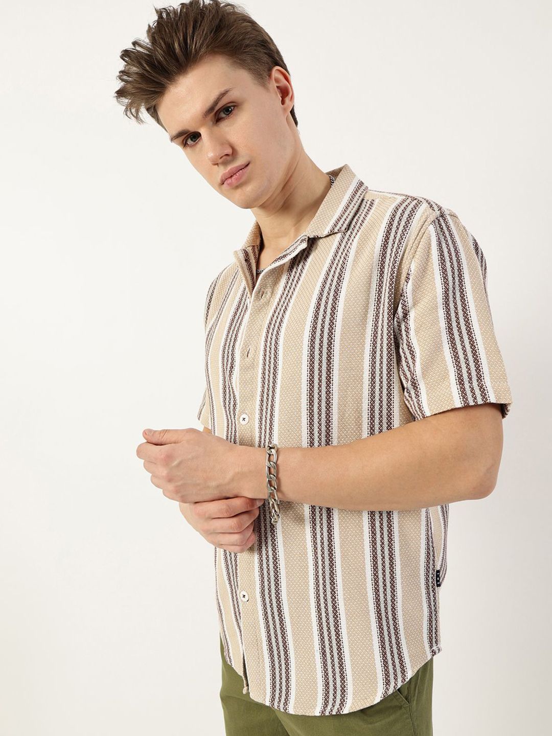 Thomas Scott Men Premium Spread Collar Vertical Striped Cotton Oversized Casual Shirt