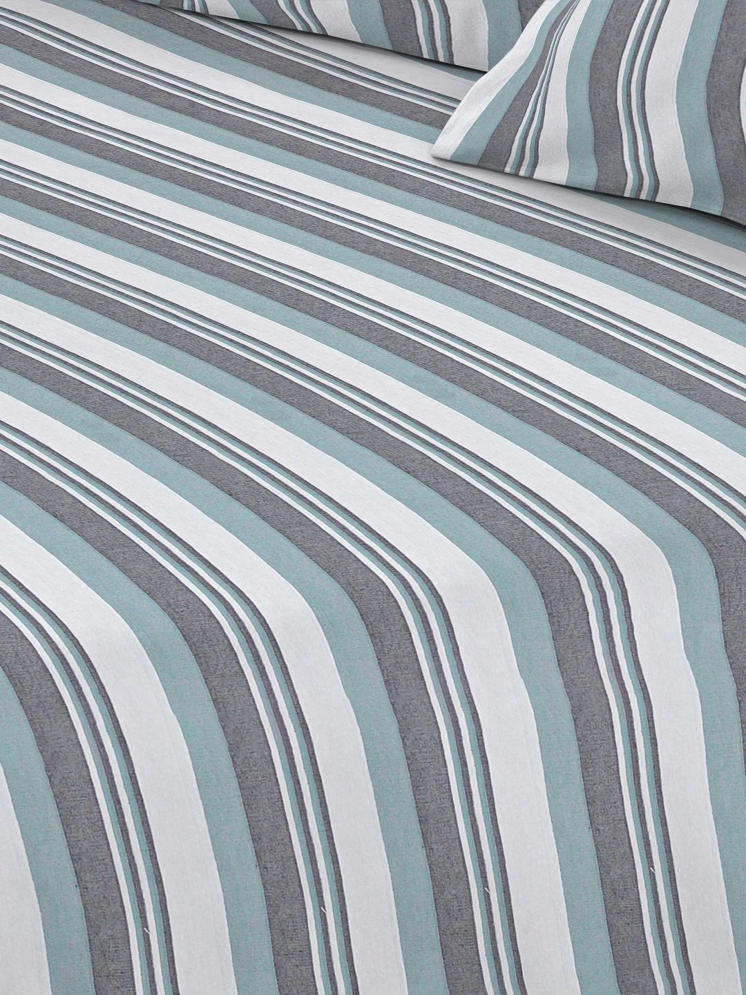 Myntra Elegant Homes Green Striped Pure Cotton Double Bedcover With 2 Pillow Cover